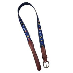 Vintage Mens Belt Essex Size 38 Country Flags Cotton Leather Brass Colorful‎ EUC